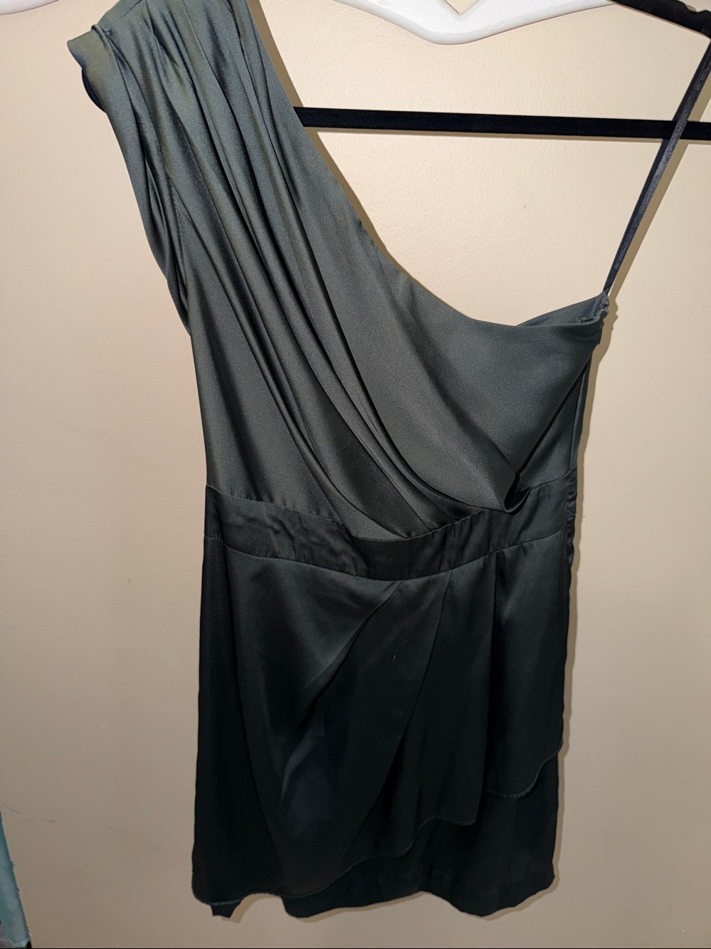 BCBGeneration One-Shoulder Draped Satin Dress in Dark Teal